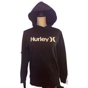 Hurley Logo Hoodie Black  Size XL 18/20 Kangaroo Pocket Drawstring Cotton Blend